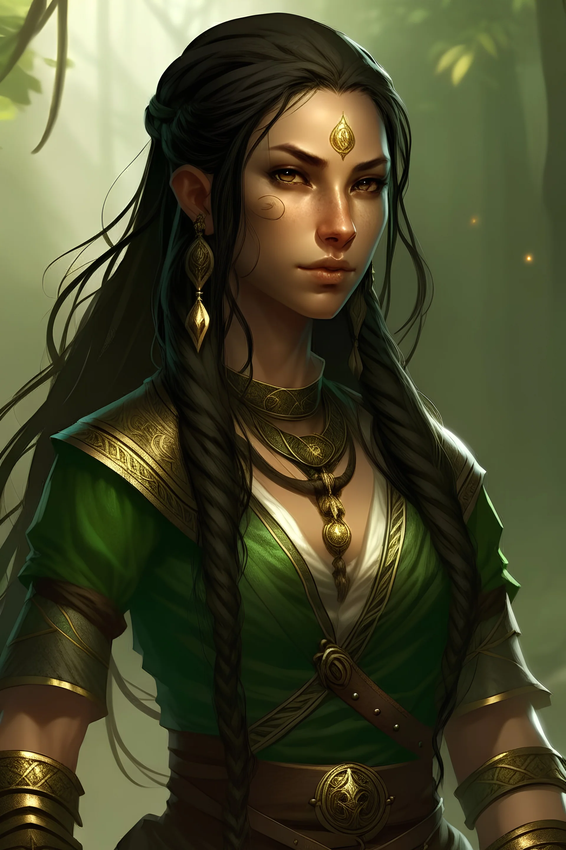 female Kalashtar dungeons and dragon race, ranger, long layered dark hair with a couple small braids, greenish grey eyes, dark tanned skin, small dainty gold jewelry, sexy and strong looking, royal adventurer, abs, cropped forrest-like clothing