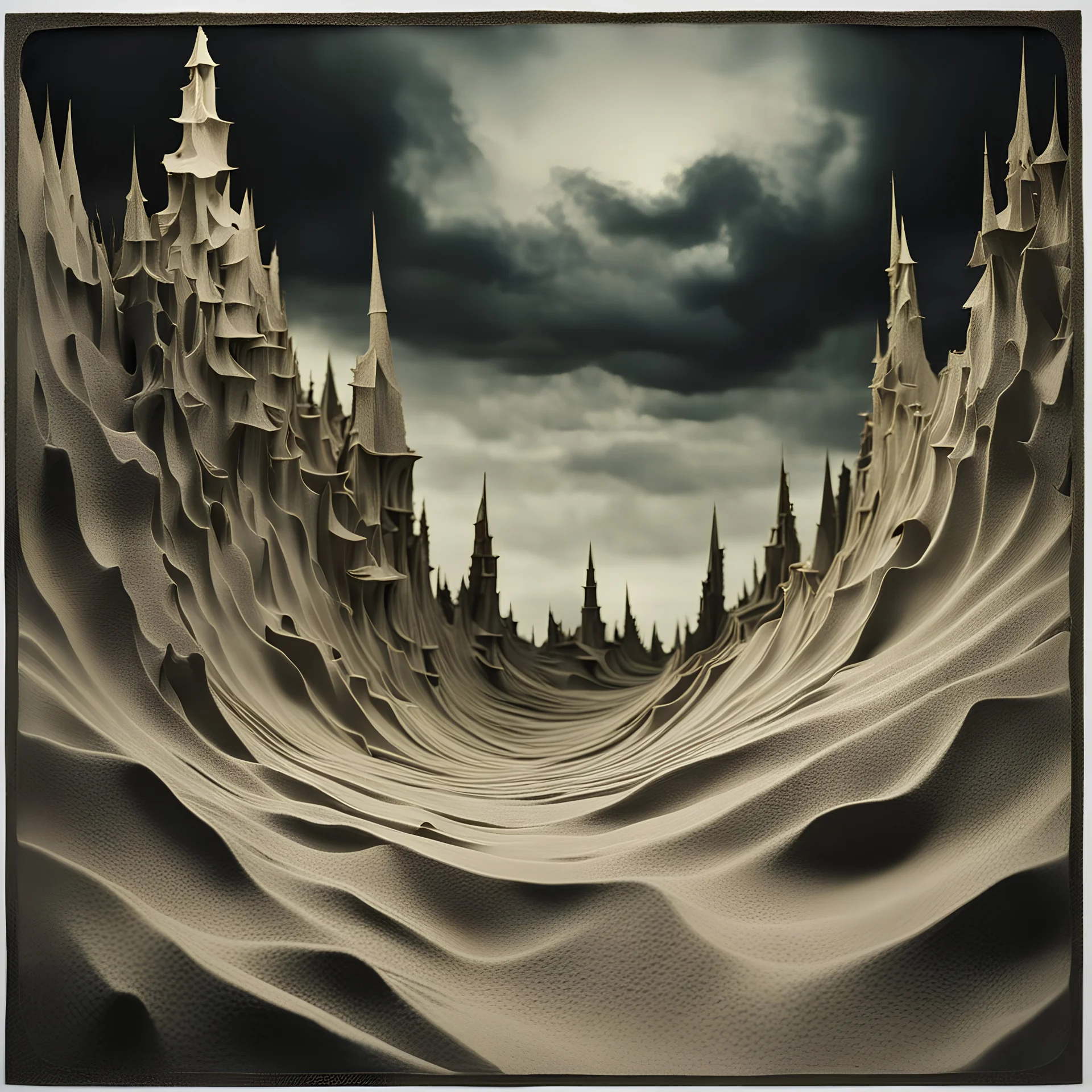 Creepy landscape, strong texture artistic polaroid volumetric light, Yves Tanguy, Gustav Klimt, 3d abstractism