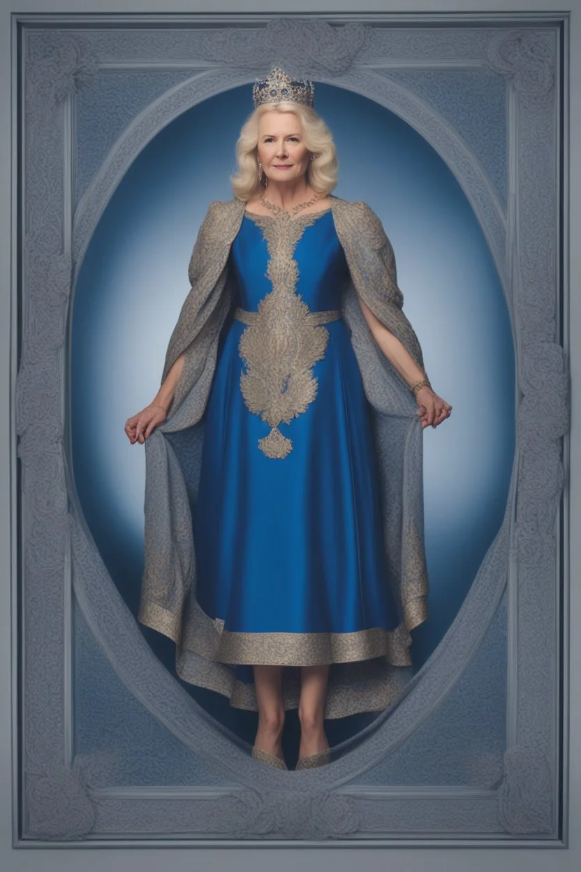 Powerful classical portrait of a traditional blonde queen in her late 50s wearing a blue dress standing in a powerful position a little zoomed out