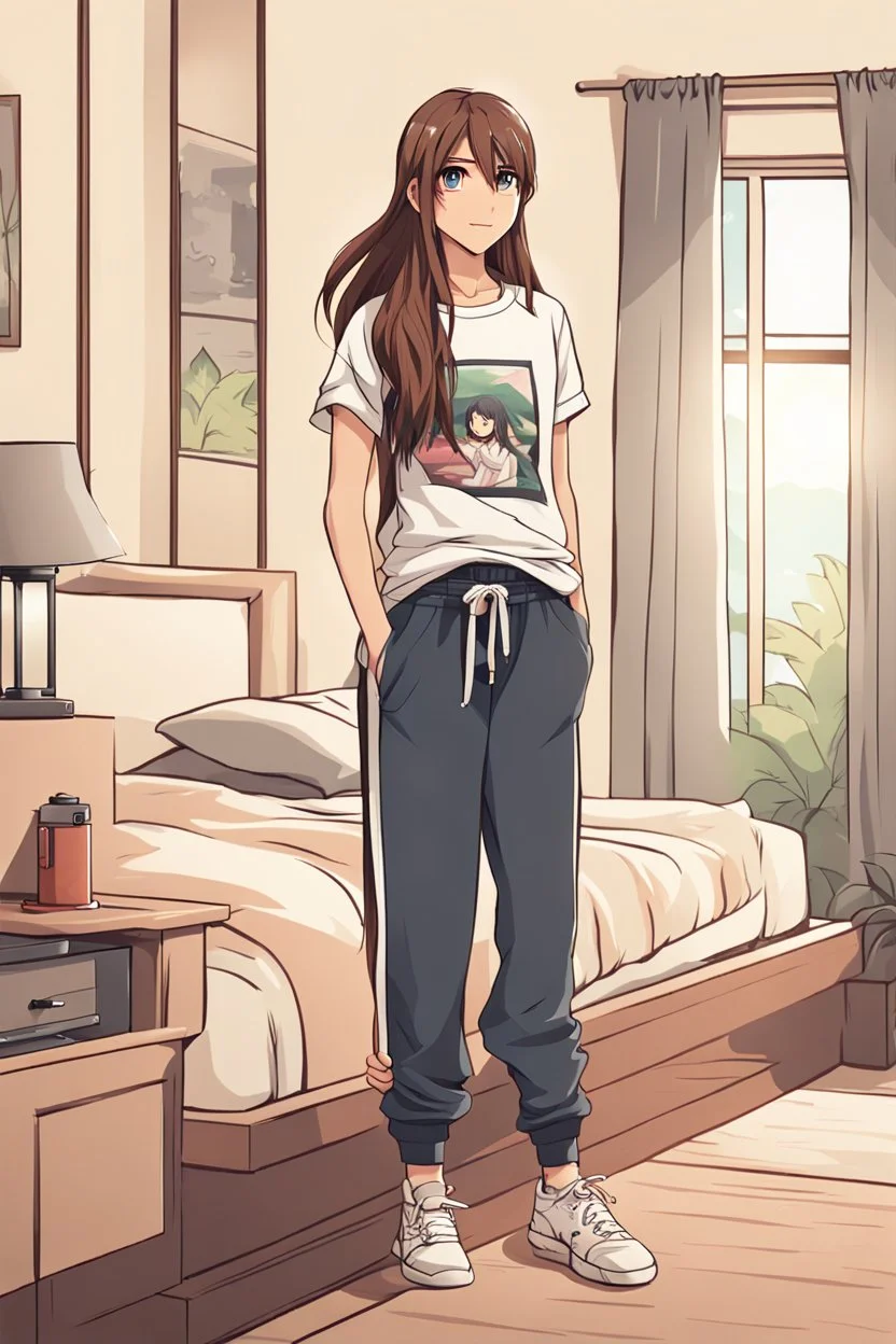 attractive anime woman with brunette long tied hair, t-shirt and sweatpants, full body in frame, bedroom setting