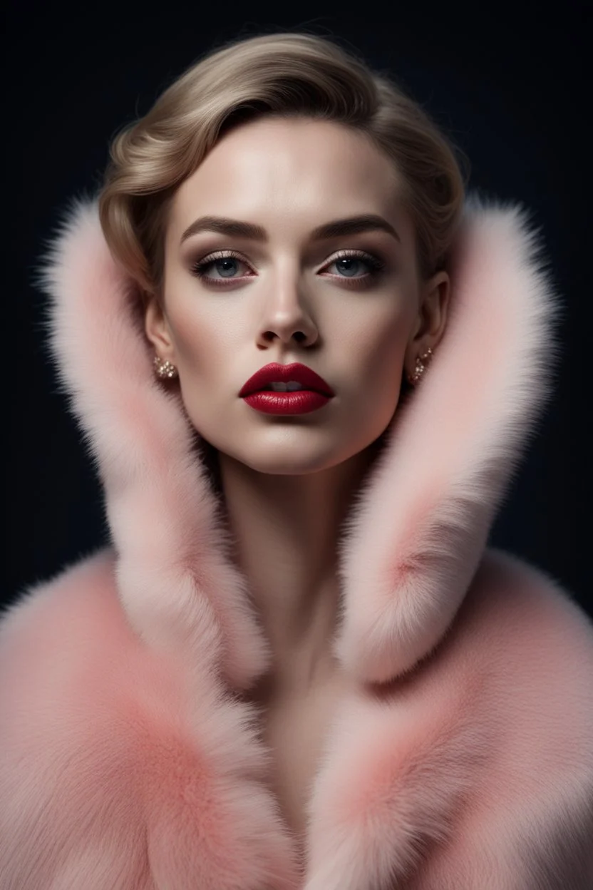 Minimalistic portrait of a beautiful woman with red lips and cold big eyes wearing earrings, a light pink fur coat in a haute couture style isolated on a dark background, cinematic lighting, ultra-realistic, shot in the style of hasselblad