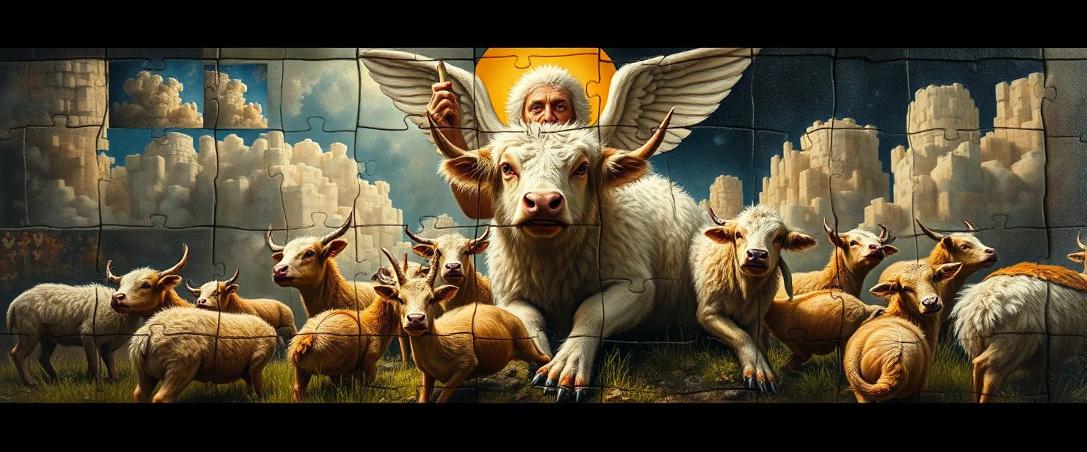 almost fully laid small puzzle pieces tapestry showing angry god in heaven suffering through a pinhole cam picture of heavenly fluffy elevated messed up woodland elongated slimy cow snail story teller and ad & d monster creatures flock painted by Nerdrum and Rembrandt