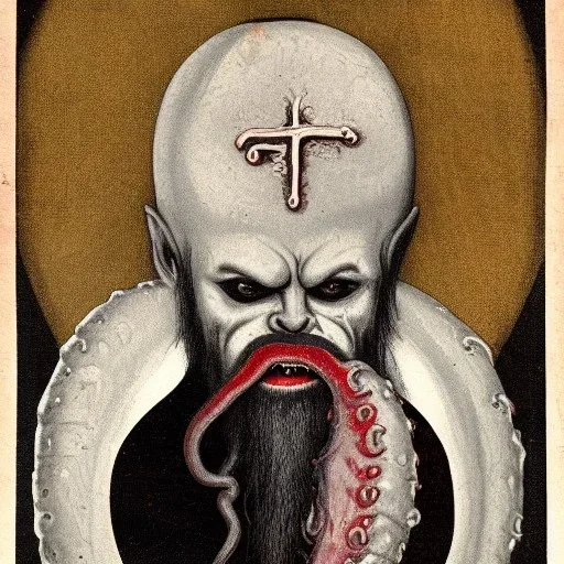 Vampire with yellow eyes with fleshy tentacle beard grey skin and fangs and vampire bat nose as a Russian Orthodox