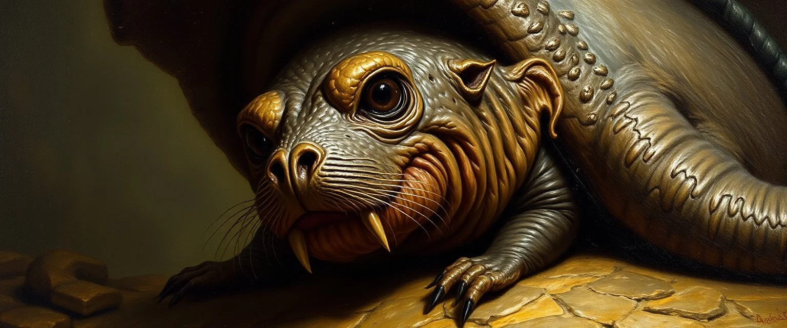 master oil painting by Rembrandt, creature from before the dinosaur alien bear seal gremlin