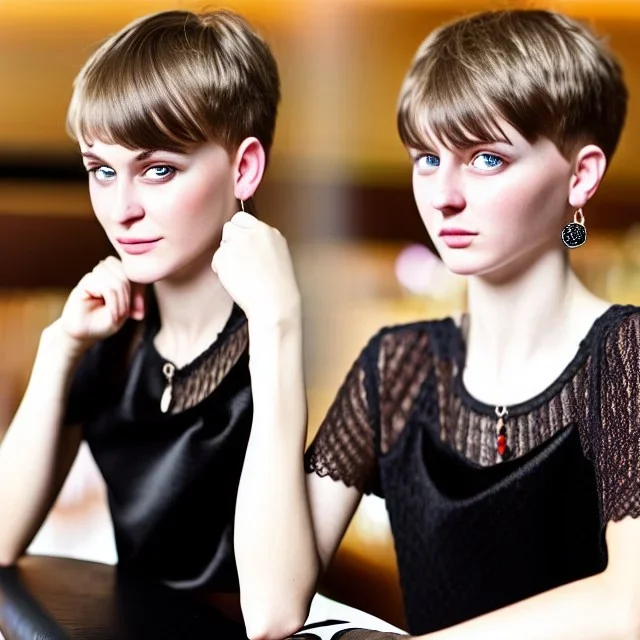 Russian boyish boylike female figure short man's haircut boyish face boyish features in black girlish lacy cocktail dress earrings in restaurant