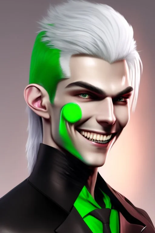 plauge doctor in balck leather clothes with silver hair, pale skin and bright green eyes smiling with sharp teeth, nice young face