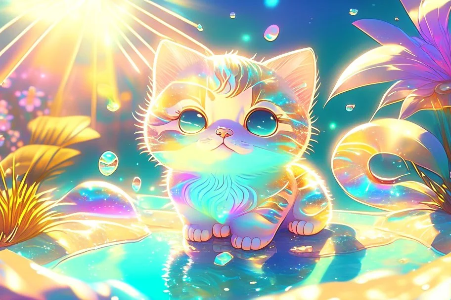 cute chibi cat in holographic paradise in sunshine