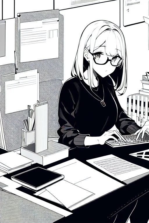 girl with glasses works on a laptop sitting in a cafe, line arts, greyscale