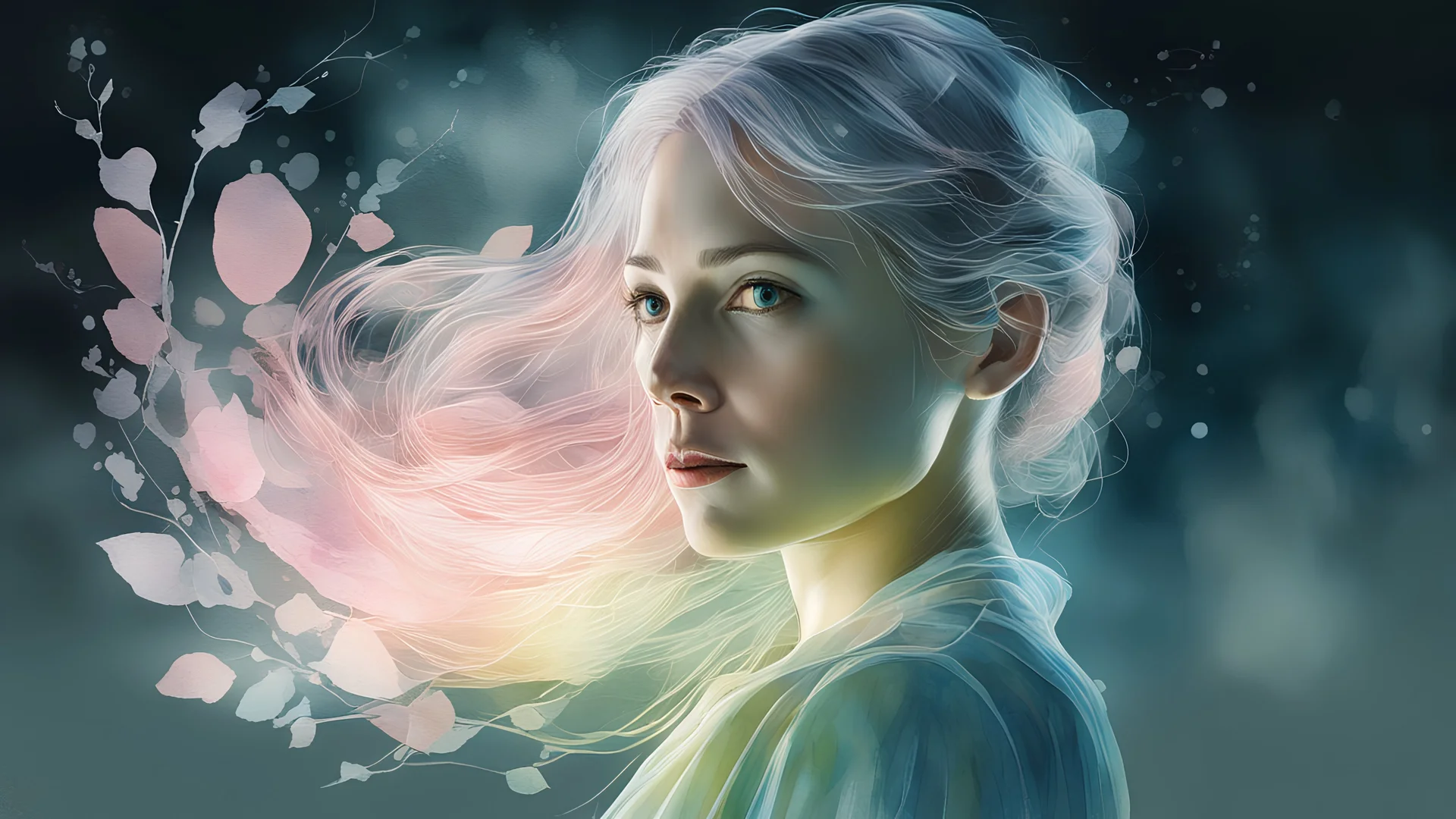 woman, night, watercolor, glow, transparency, lumen, professional photo, 3d, 64k, high resolution, high detail, computer graphics, hyperrealism, f/16, 1/300 s. highly detailed digital painting, double exposure, colors: white, silver, gray, delicate pink, delicate green, delicate blue, beige, delicate lace, pastel photorealistic painting, watercolor, tenderness, pastel,