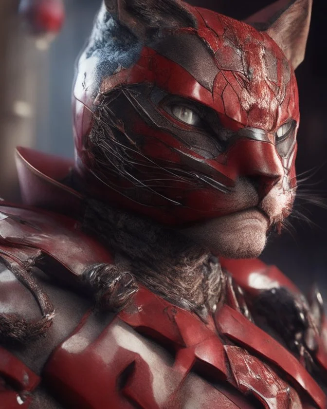 Iconic Cat-Man, red and silver, ultra-detailed armor, eye mask cat, stunning portrait, dynamic shot, richly saturated colors, full body, cinematic atmosphere, global illumination, intricate shadows, reflections, Octane rendering, hyper-realistic, unparalleled detail, 8K , concept art, physically based rendering, intricate textures, subsurface scattering, timeless masterpiece, AI enhanced, GAN, ray tracing, depth of field, neural network,