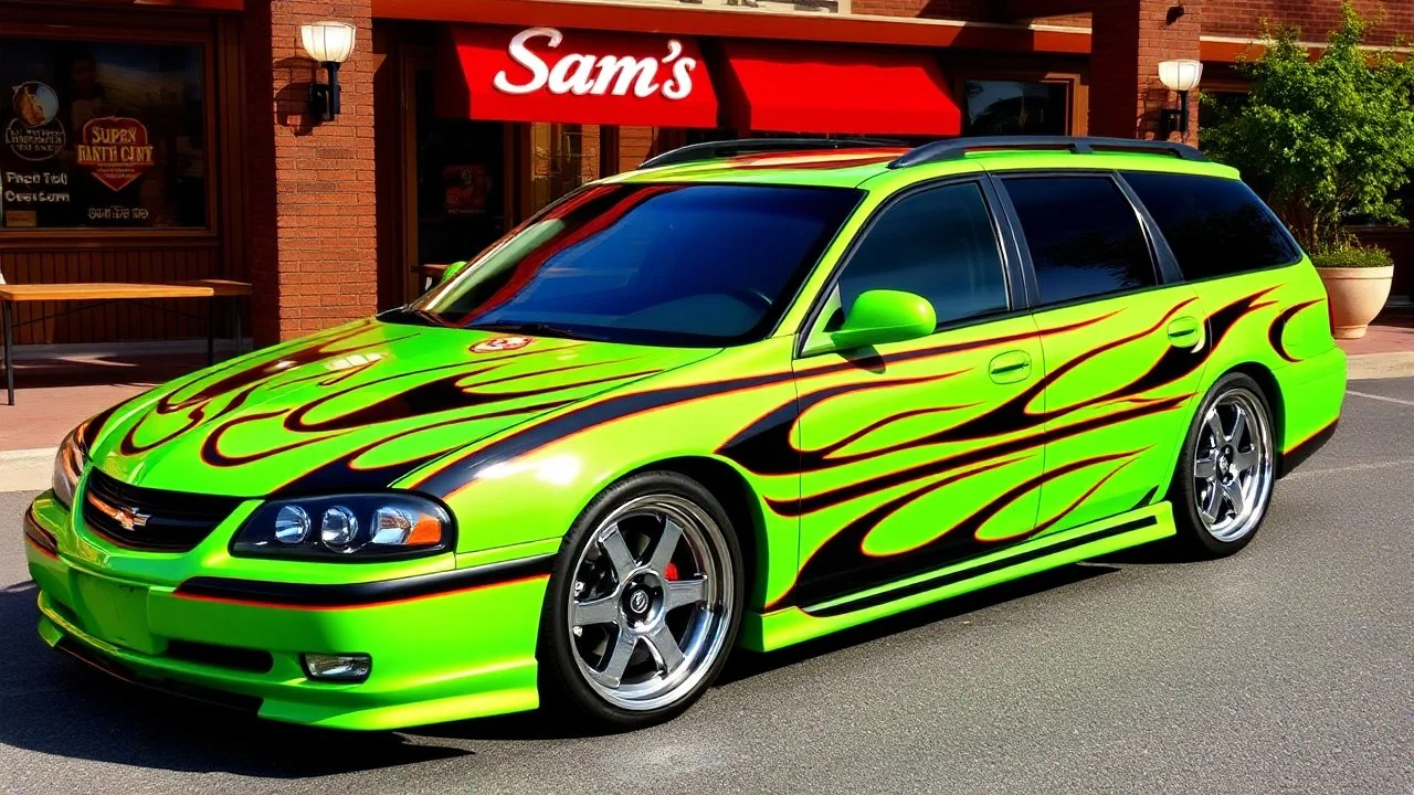 suped up 2004 chevy impala stationwagon green with black flames outlined with a thin red pinstripe, in front of Sam's club, SuperSport car, impressive, VIP, award winning, detailed