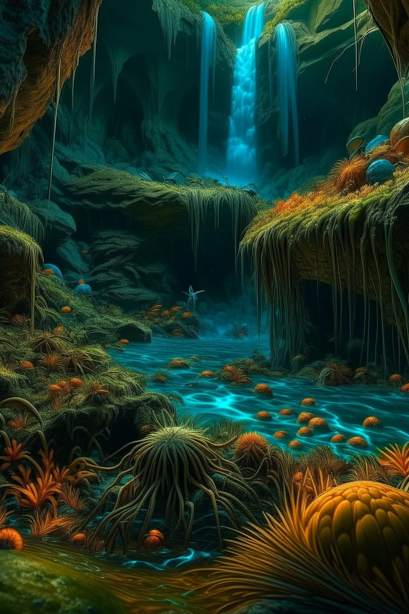 A cave with covered with waterfalls