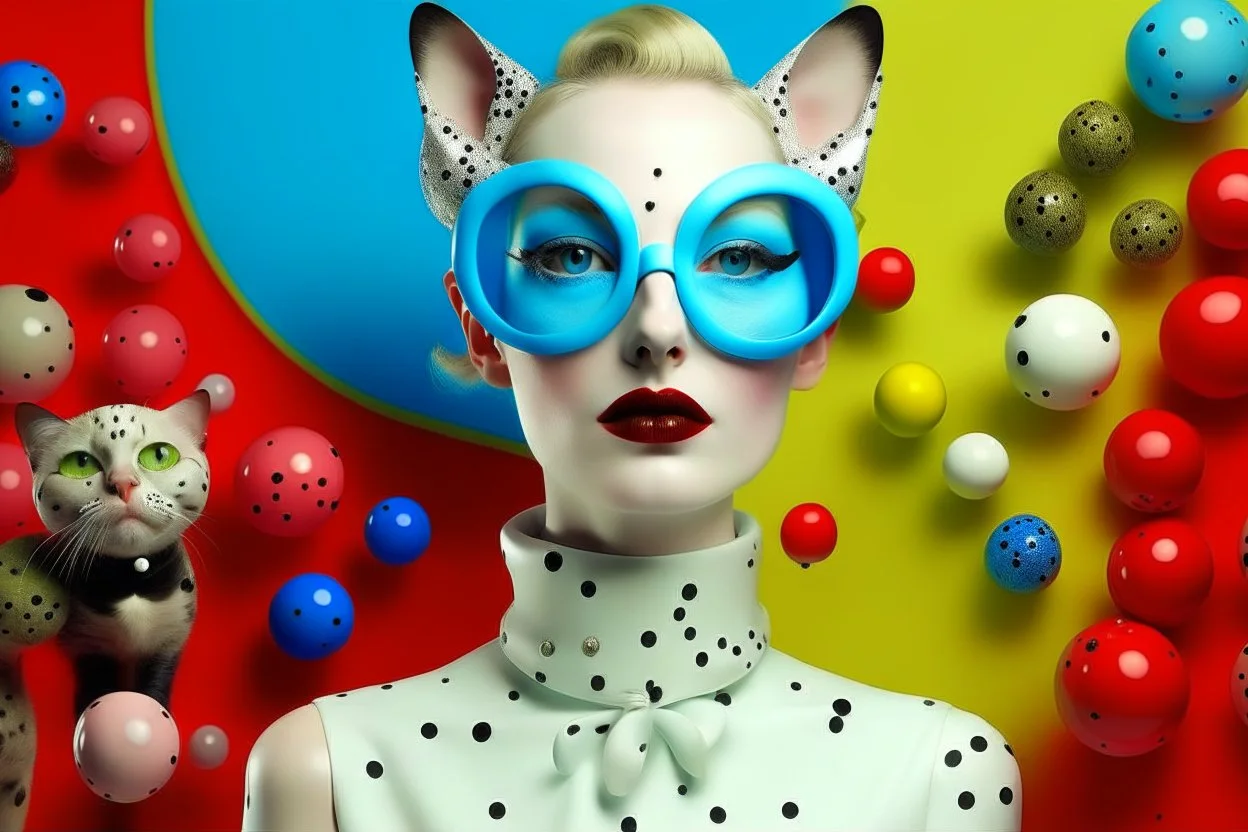 ront portrait photography, transparent porcelain printed with multicolor pop polka dots, pop courreges air hostess cat woman mask with sunglasses, an attractive, 80 degree view, art by sergio lopez, natalie shau, james jean and salvador dali