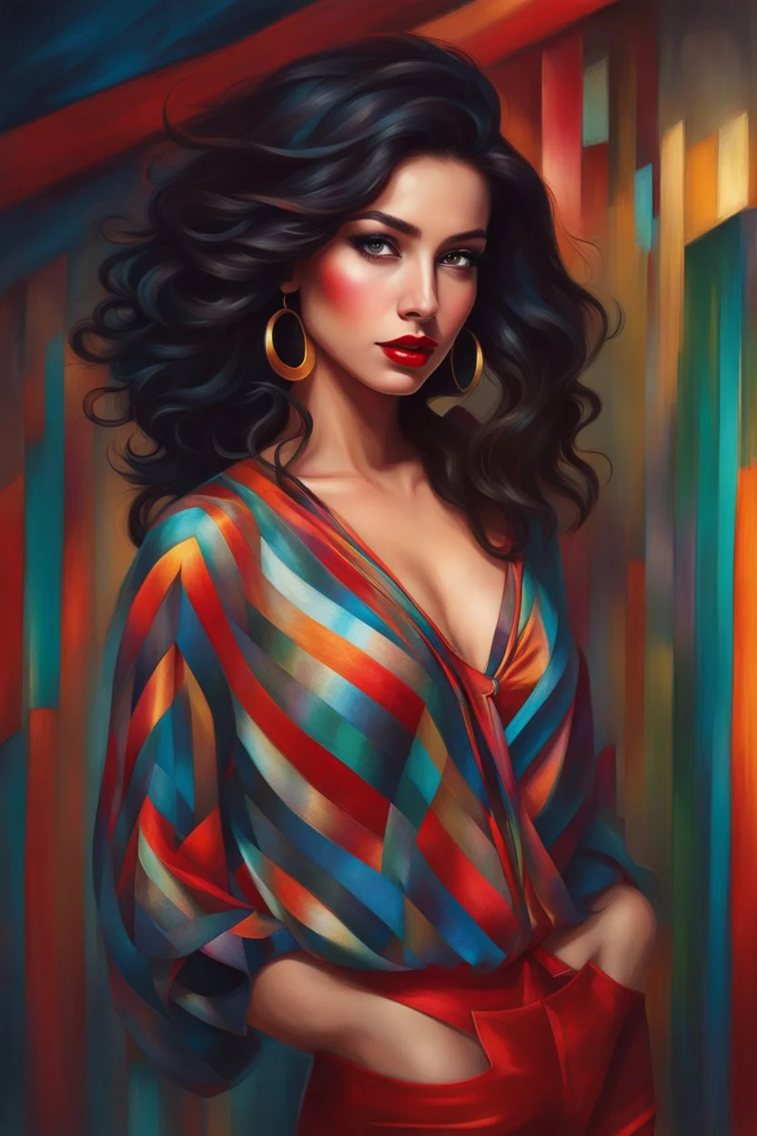 A full body Portrait of a beautiful young woman, slanted, dark eyes with large eyelashes, voluminous wavy black hair, red lipstick, thin strap blouse, colorful, perfect face, shine, realistic, best image quality, oil paint, Light clothes, vivid colors, Thin strap blouse, Art By Jon Bauer,, By cgsociety,standing