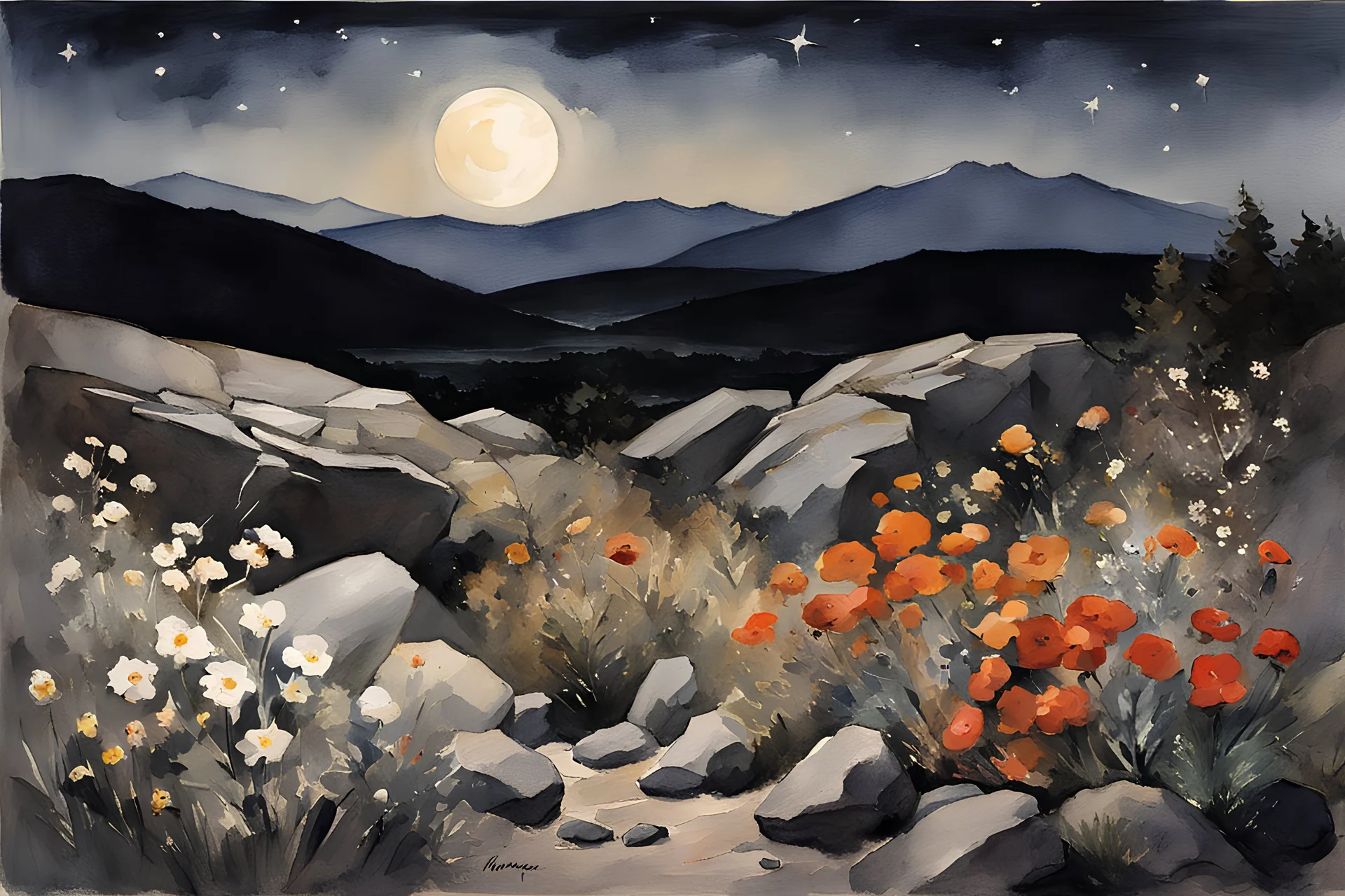 Night, rocks, flowers, mountains, winslow homer watercolor paintings