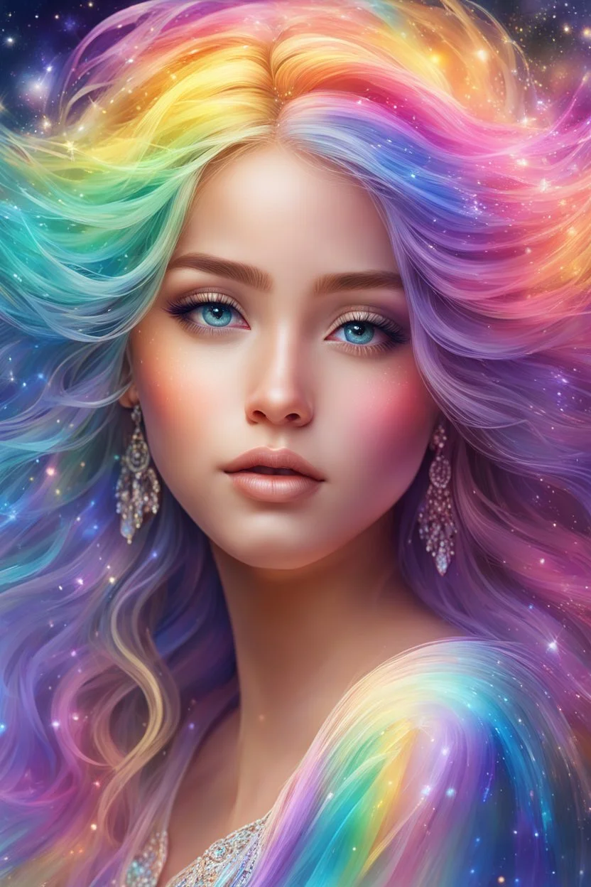 Adorable digital painting style. Pastel hues adorn her every trace, A rainbow girl with a shimmering embrace, Her eyes, glistening with dreams and grace, A vision of magic, lighting up any space. highly detailed, beautiful detailed digital art, beautiful artwork, very beautiful fantasy art, beautiful fantasy painting, digital art, dream, high quality, 4k, correct face structure, correct anatomy