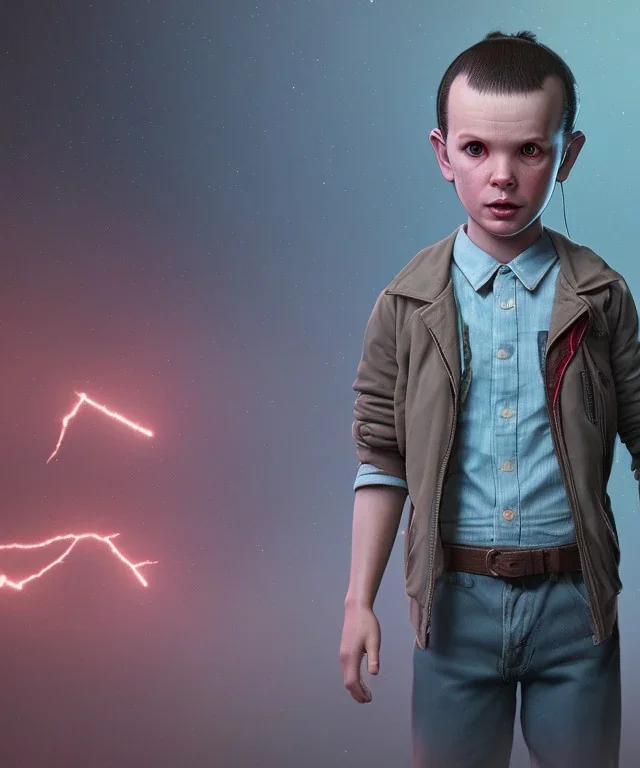 Stranger things eleven toddler, full body, dramatic lighting, hyper realistic