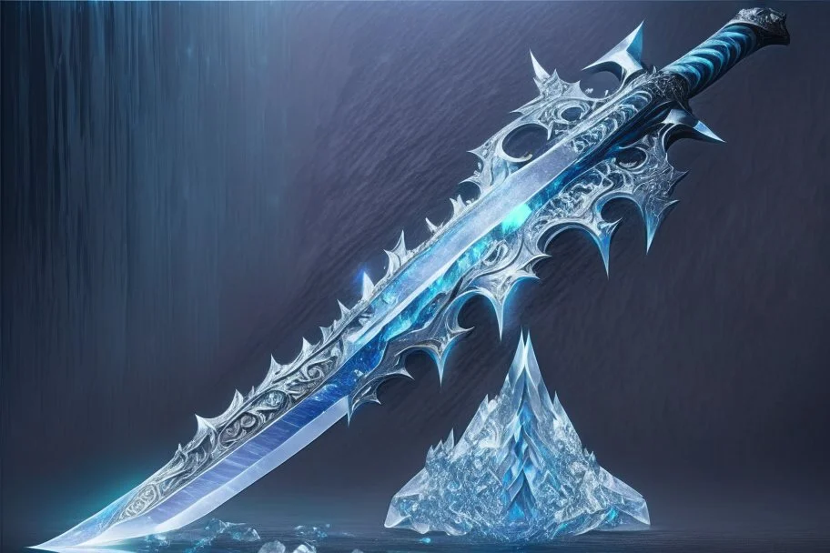 A fantasy greatsword that is a slender, translucent blade made of ice. Its hilt is crafted from swirling vines, leading to a vibrant crystal at the pommel. With a black background behind it. HD