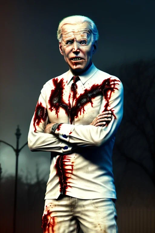 Ultra realistic image, joe biden zombie, zombie performance, skull, blood, torn arm, night, walking twisted, waist up view, thriller style, dark ambient, highly detailed, White House background, concept art, unreal engine 5, god rays, ray tracing, RTX, night lighting, ultra detail, volumetric lighting, 3d, finely drawn, high definition, high resolution.