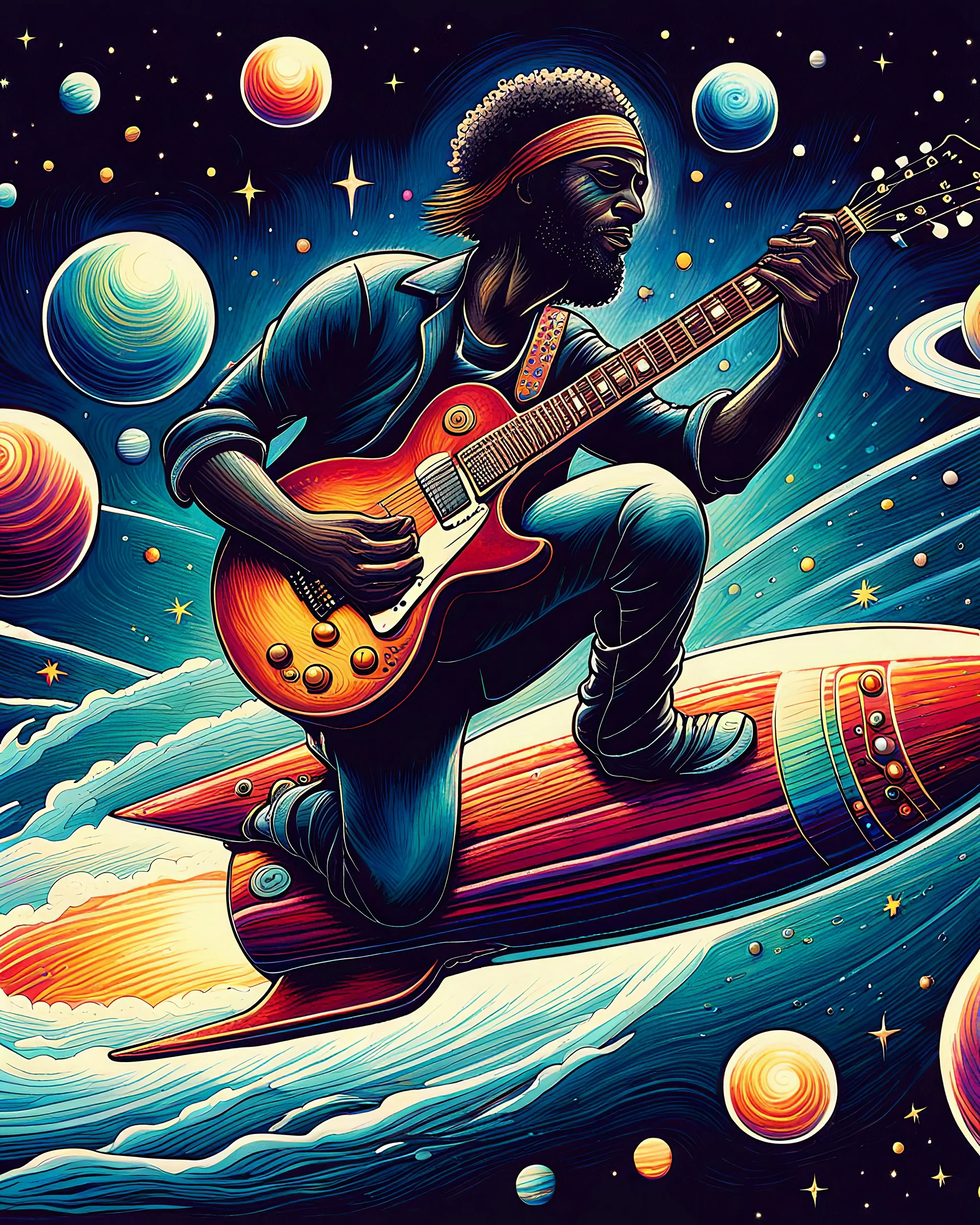 Rock and Roll Guitar Player playing a six string les paul guitar and Surfing on a Rocket in outer space with colorful planets around him in the style of Laurel Burch.