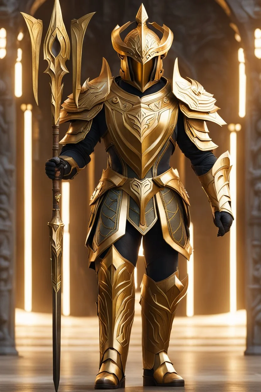 Fullbody photography facing front powerful biomechanical Guardian ranger mask of the forest of the Eladrin wearing armor ornaments in an enchanted golden high, high details