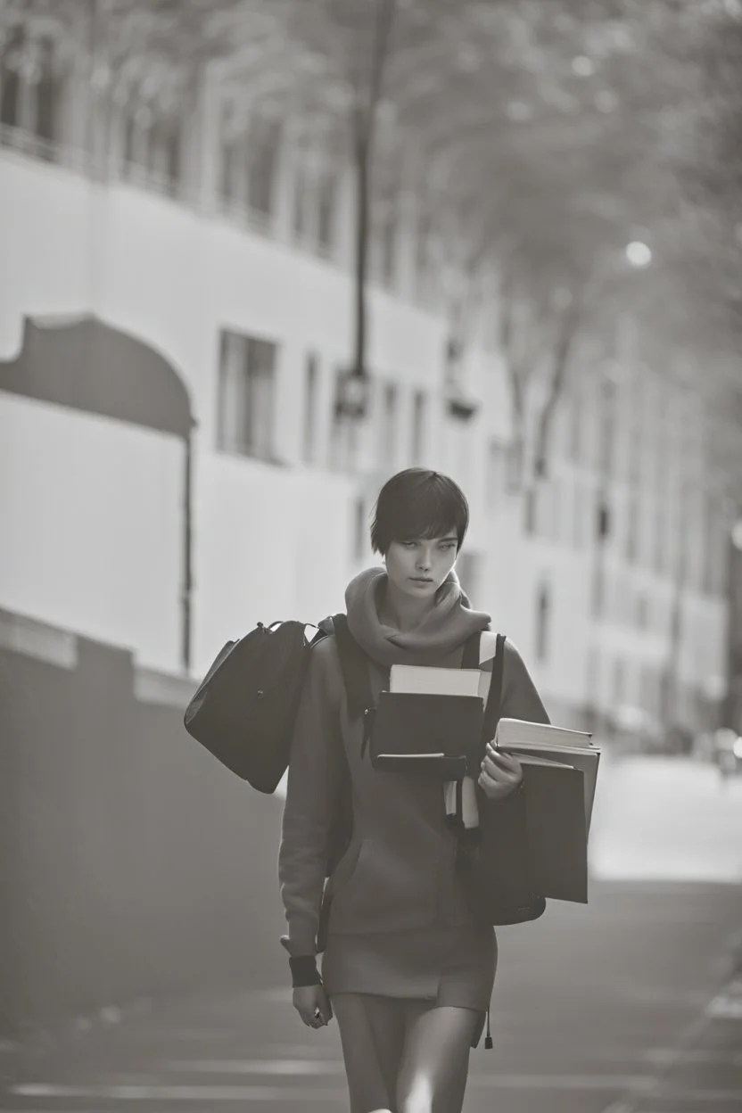 a student girl ,short hair with her books in her hand walking in street,next to trees.