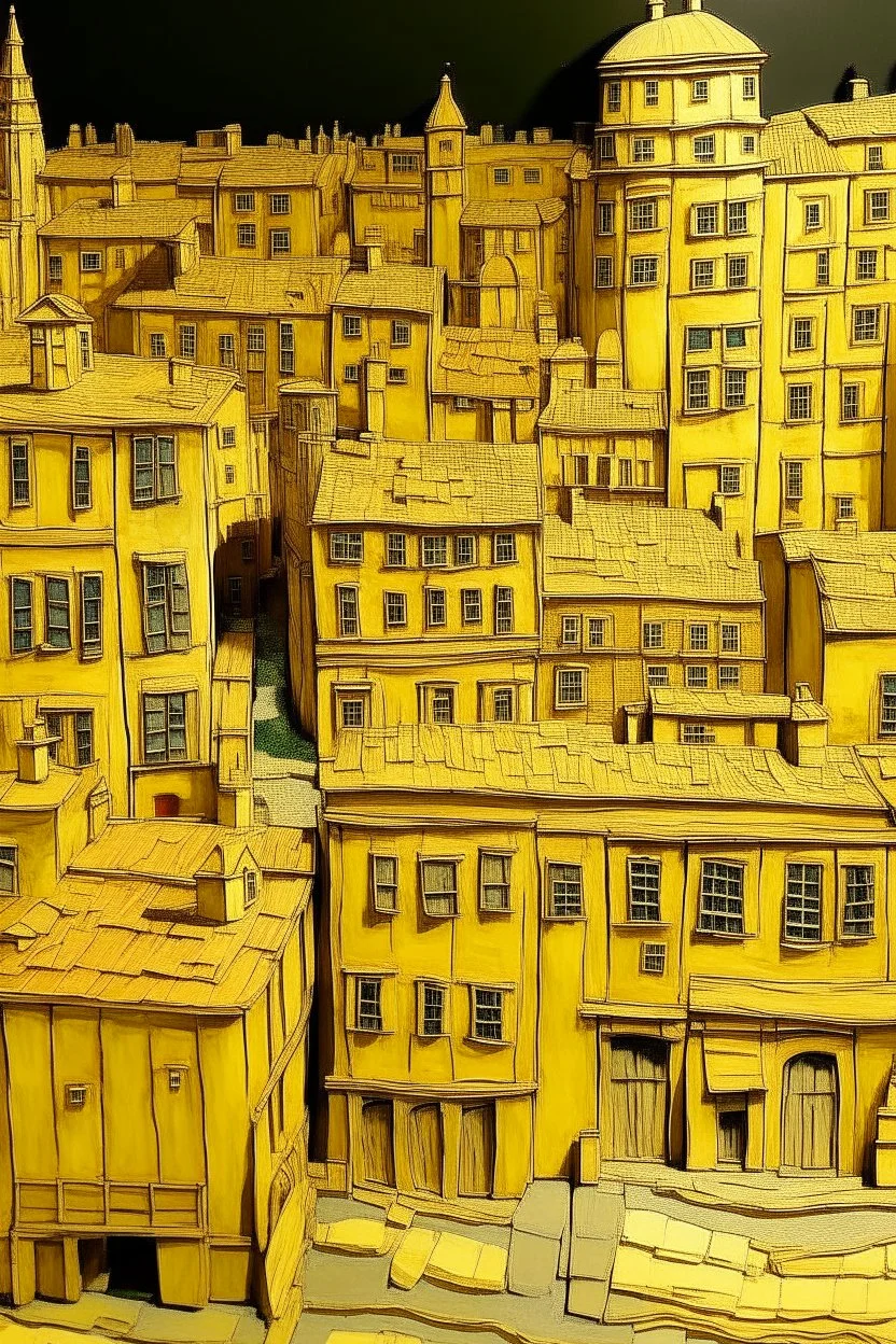 A yellow short city with battery shaped buildings designed in ancient Greek pottery painted by Vincent van Gogh