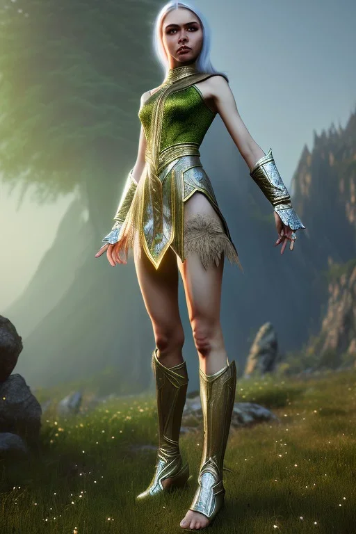 elven young woman, wearing light dress, visible ultradetailed cute femine face, visible and armonious legs feet and hands, luminous weather, field in the mountains, realistic 3d render, mortal kombat style, unreal engine