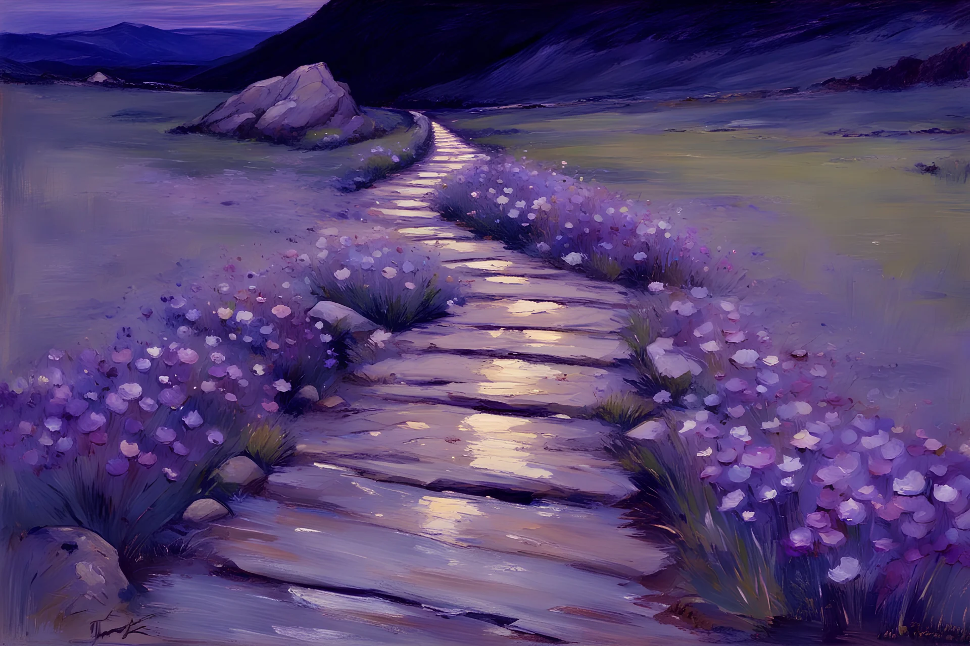 Night, purple flowers, pathway, mountains, rocks, little puddle, theodore robinson impressionism painting