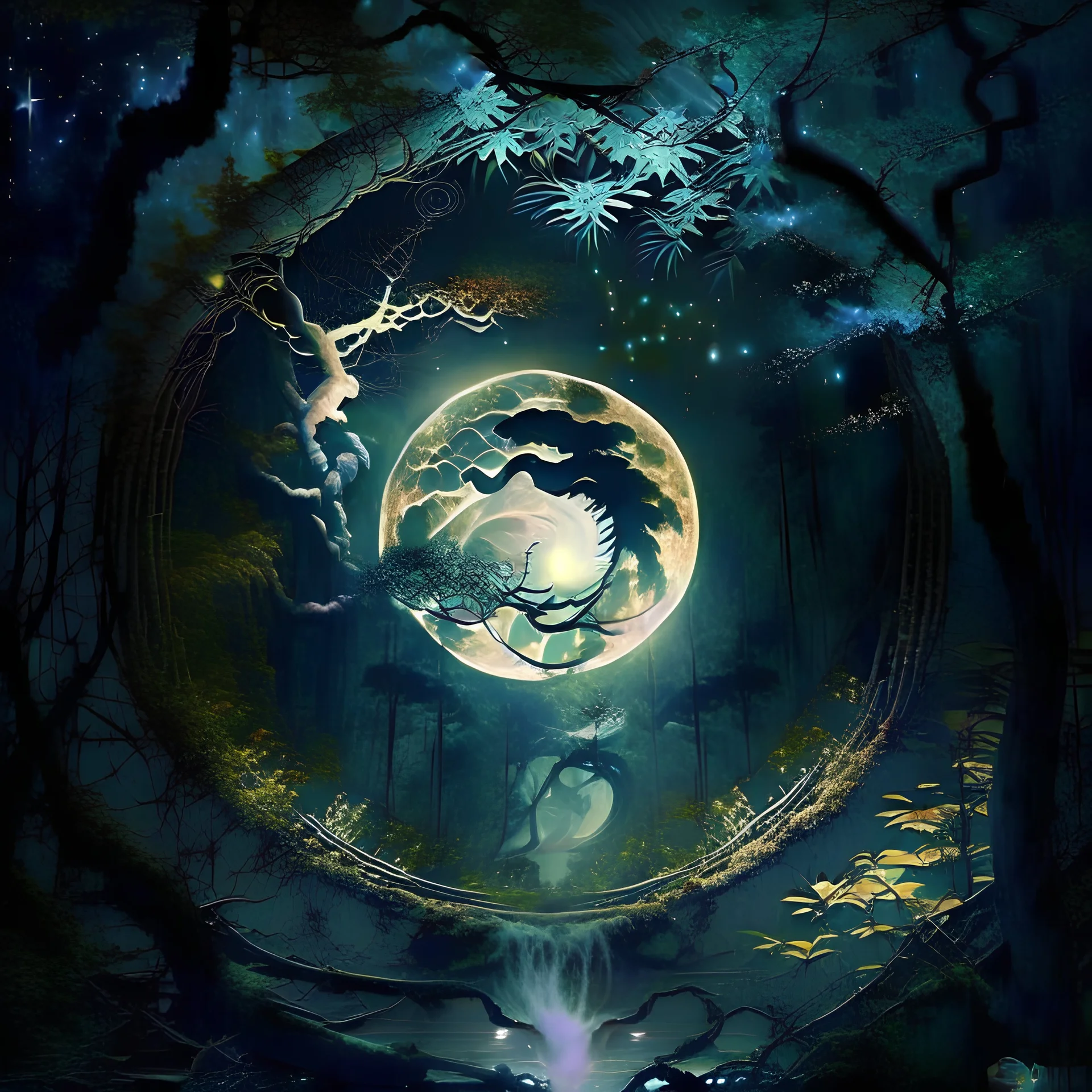 Create a hurricane of divine light, like a miracle in a Full moon night in a chinese forest, add infinite to the imagine
