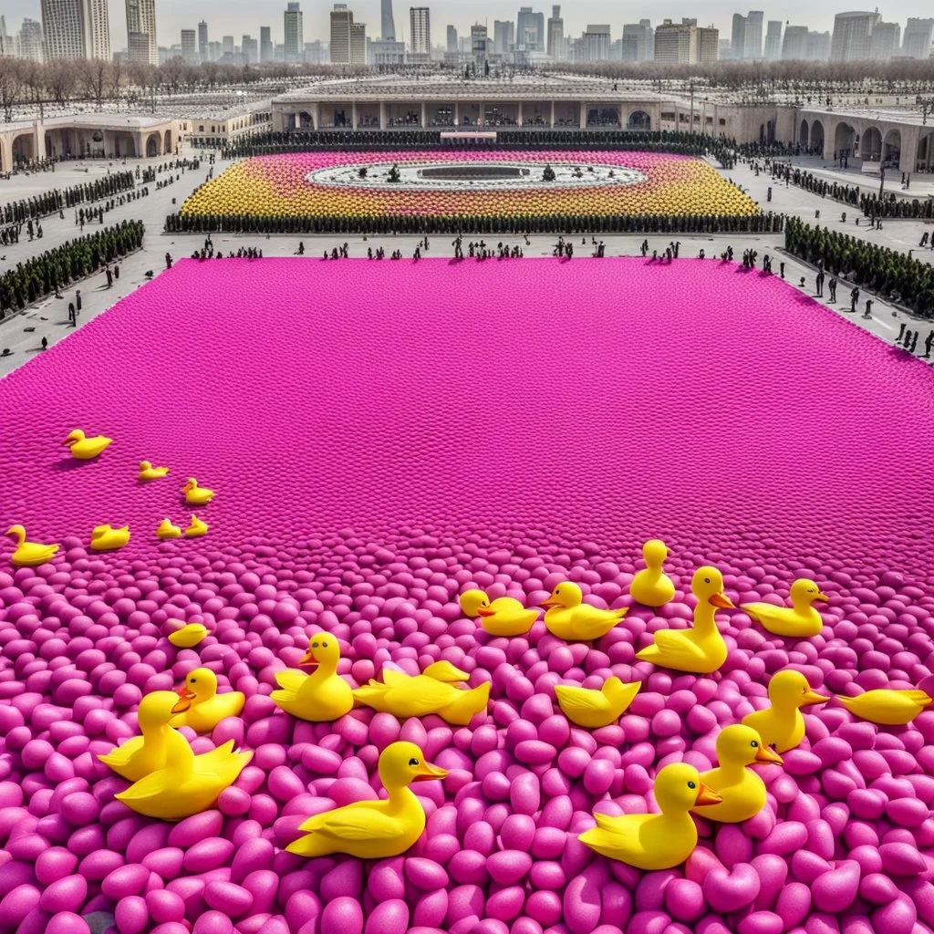 Tehran's Azadi Square, which is pink in color and surrounded by yellow plastic ducks