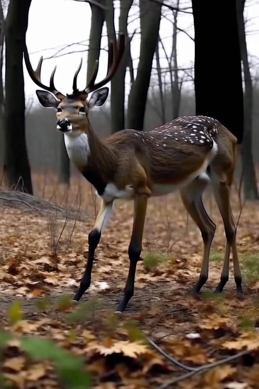 deer, Legs bent backwards, Barrel chested/bloated abdomen, Emaciation, Eyes belonging to unrelated animals, Forward-facing eyes, General bodily disfigurement, on hind legs and found footage