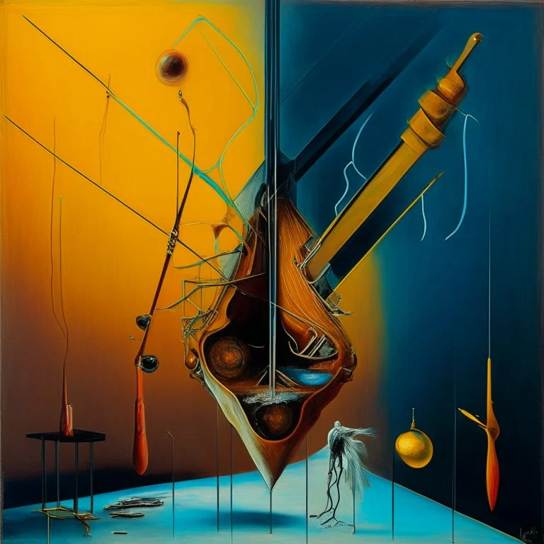 Abstract painting formed by a mix of human flesh-like surgical instruments and universe-like musical instruments,neuralink,minimalism,Painting By Adrian Ghenie, Rene Magritte, Salvador Dali, Lucian Freud