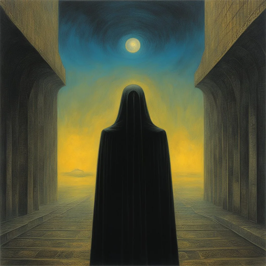 [art by Zdzisław Beksiński] She stands tall, her presence commanding respect. A young Bene Gesserit, a woman of poise and grace, adorned in the traditional black robes of her order. Her eyes, piercing and calculating, seem to hold a depth of knowledge beyond her years. The bridge of the spaceship is her realm, her domain.