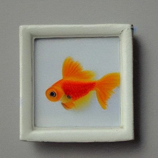 tiny oil painting of tiny goldfish, plain white background, solid white background, tiny white canvas, tiny white frame, plain white wall, melancholy, tender, moody, vintage, delicate arrangement, beautiful composition, etsy, aesthetic layout, plain solid white background