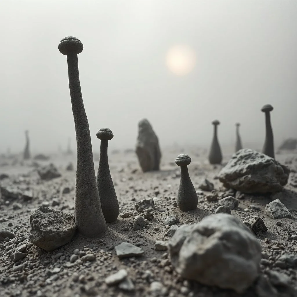 A striking quality close-up Ilford photograph captures a surreal wasteland with odd stones, odd spindle-shaped objects, spooky, creepy, details of the dust very accentuated, glossy, organic, adorned with minerals and rocks, fog. Bathed in feeble light, eerie, Yves Tanguy style, black sun, fog, volumetric light, octane render