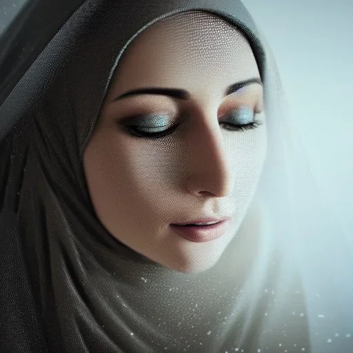 close up portrait of woman in hijab morphing into duststorm, blowing dust, artwork manipulation, ray tracing, sharp focus, fine detail, highly intricate, wearing bridal veil, modern surrealism painting, defined cracks and breaks, high-quality, volumetric lighting, 8k, ultrahd, George Grie, Marco Escobedo, Igor Morski,Brian Froud, Howard Lyon, Selina French,