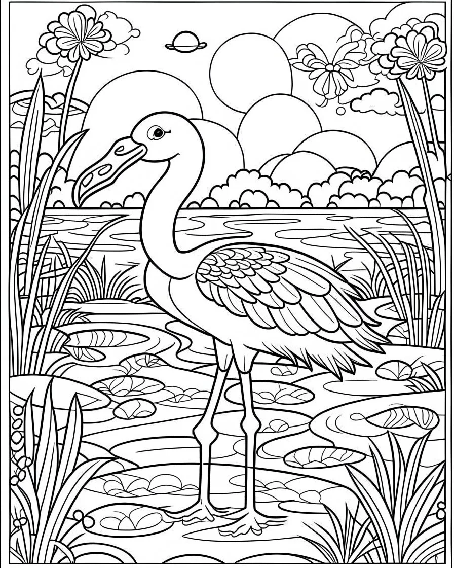 create a 2d black outline, "safari smiling cartoon flamingo coloring book for toddlers", coloring page, low details design, black contour, coloring page design, simple background, colorful , card style, coloring page for kids, white background, sketch style, safari landscape, cartoon style