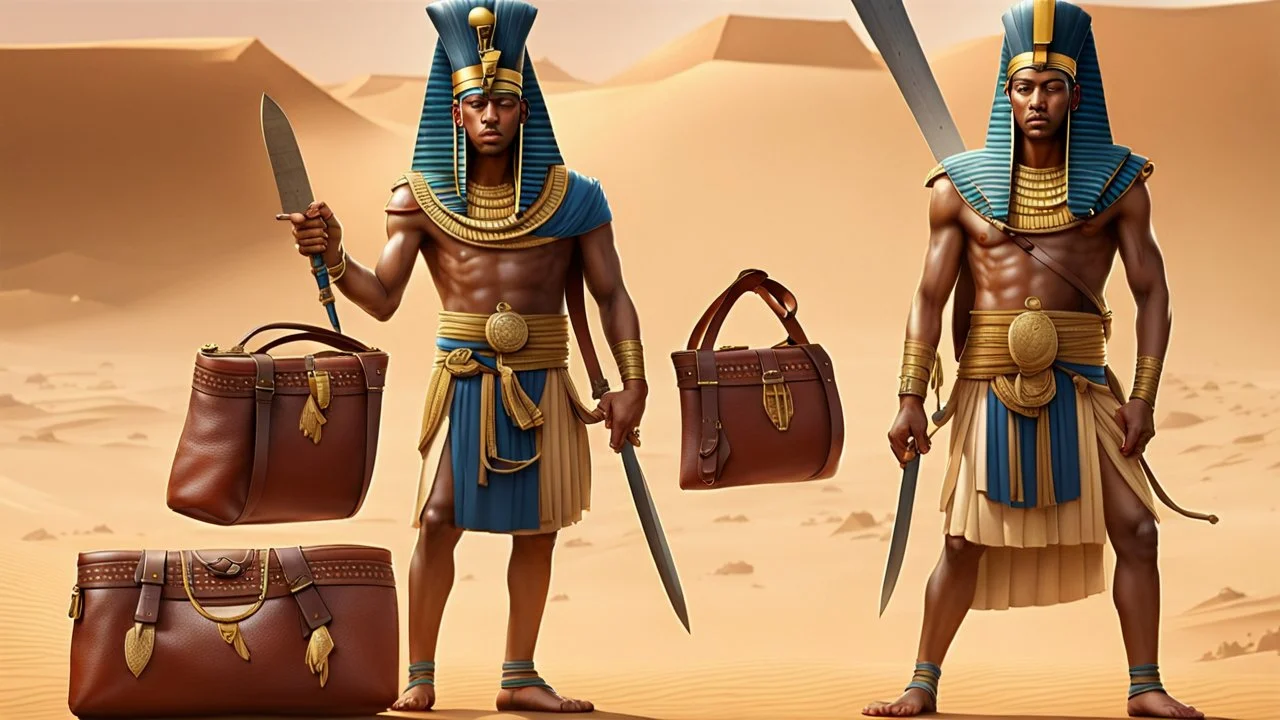 Pharaoh soldiers tear open leather bags with knives and take them out