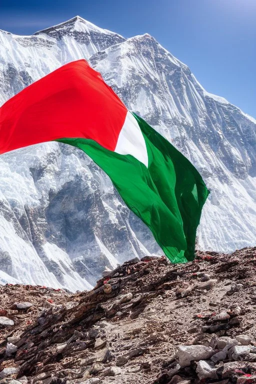 a hungarian flag (red-white-green) on the summit of mount everest by Jean Baptiste Monge in sunshine