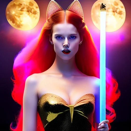 Attractive young girl with golden fire red hair wearing a galactic tiara, who is dressed like a witch casting a spell holding a quarterstaff, she has cat ears and open dazzling blue eyes, background is realistic space with a moon, the girl is on a planet, black black girl dress, full body portrait, arm colors gradient effect into stars, rendered, unity 3d, unreal engine, dslr, hdr, 4k, edited, photorealistic, normal number of appendages, freckles, artists render