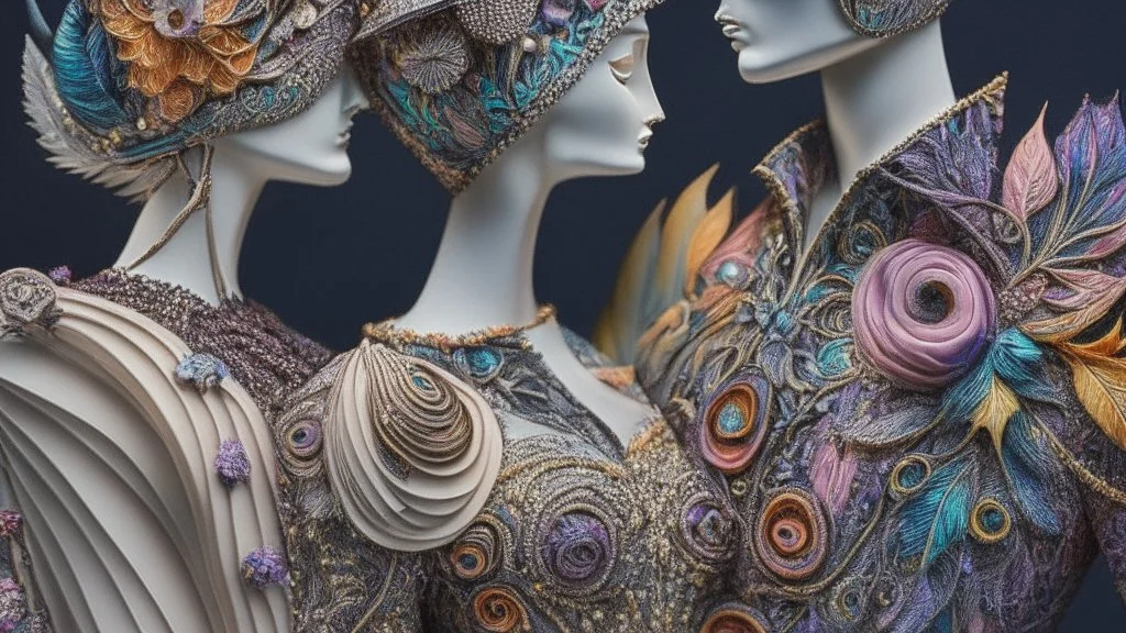 Surreal fantasy Couple Wearing Insanely Detailed Quilling consisting of Mixed Media Including Feathers, Foliage, Flowers, Leather, Buttons, Jewels, Twigs, Plastics, Glitter, Shells, Fabrics, Twine, And Thread; Award-Winning Neo-Surrealistic Masterpiece