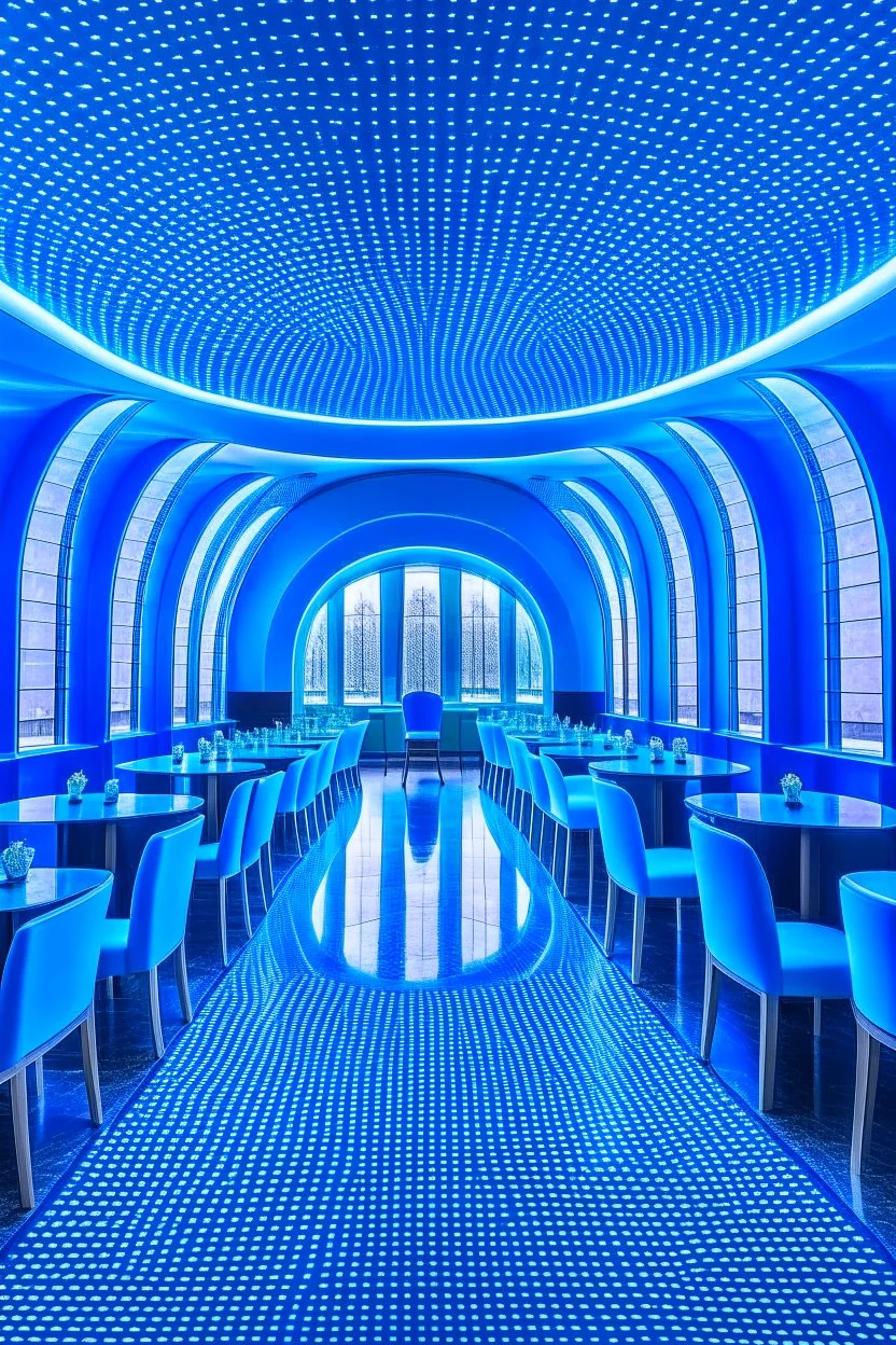 A restaurant with the outer shape of the walls in blue and a white floor, and it contains one table in the middle of the restaurant, and the walls are oval in shape, containing 30 chairs, and the walls are made of glass