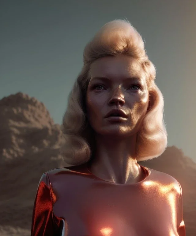 Ultra Realistic retro sci-fi movie scene, waist up view portrait, 5 clones blonde women, sweet young Kate moss face, perfect iris, glow eyes, face makeup, shave hair. Mars background, martians back, Retro sci-fi style, helmet, tight latex coat, fog, rain, soft color, highly detailed, unreal engine 5, ray tracing, RTX, lumen lighting, ultra detail, volumetric lighting, 3d, finely drawn, high definition, high resolution.