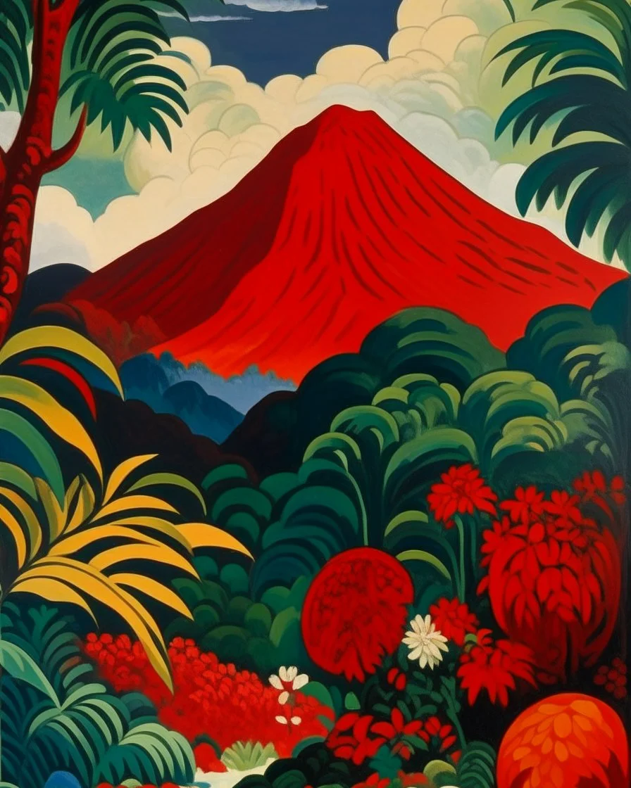 A darkish red rainforest near a volcano designed in medieval tapestry painted by Robert Delaunay