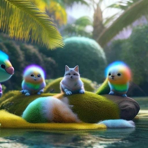 tiny cute fluffly fantasy creatures on a tropical beach, rainbow fuzz, adorable, unreal engine, octane render, bokeh, vray, houdini render, quixel megascans, arnold render, 8k uhd, raytracing, cgi, lumen reflections, cgsociety, ultra realistic, 100mm, film photography, dslr, cinema4d, studio quality, film grain