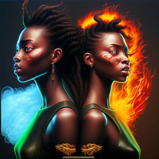 3D. Detailed Painting .realistic. Dark skin women. Beautiful. the faces of two young black women. Warm. Fire nymphs emerging from the flames.red.. Energy. Focus. THeir hair looks like smoke .smoke curling. Dreadlocs. Their skin is the colour of charcoal . Their hair moves like smoke. . their clothing is made of flames, red. Orange. Yellow. White and gold