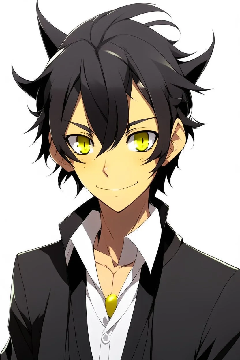 A mature anime man with messy black hair and large, black cat ears. Yellow eyes. Smirking. Full body