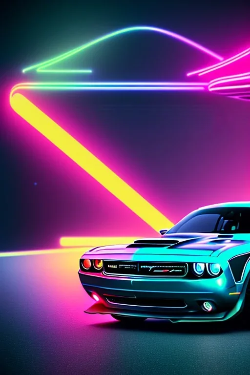 schönes foto von einem chromlackierten dodge challenger in heckansicht der auf einem highway richtung horizont fährt,miami vice, miami, neon ligths,chrome, synthwave, retro, high detailed,unreal engine, octane render, photo realistic, viele palmen, komplementärfarben