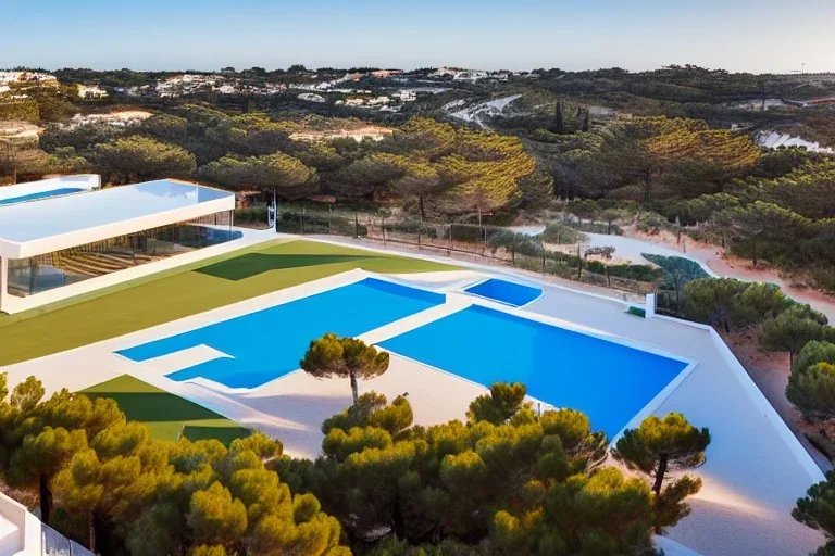 Sunset algarve in quinta do lago, one straight line building of 250 meters long modern luxury architecture with pool on rooftop, with green roofs and sun loungers next to pool, overlooking a tennis sport facility surrounded by pine trees, on a slope with pinus pinea, a wrap around road for low speed cars